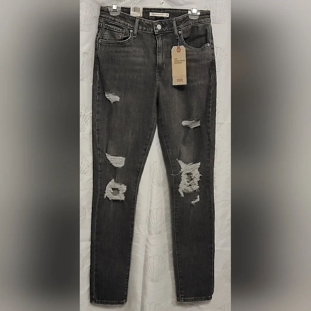 LEVIS 721 High Rise Skinny Distressed Knee Jeans Blue Women’s 28x30 Red Tag SZ 6 - Picture 2 of 6